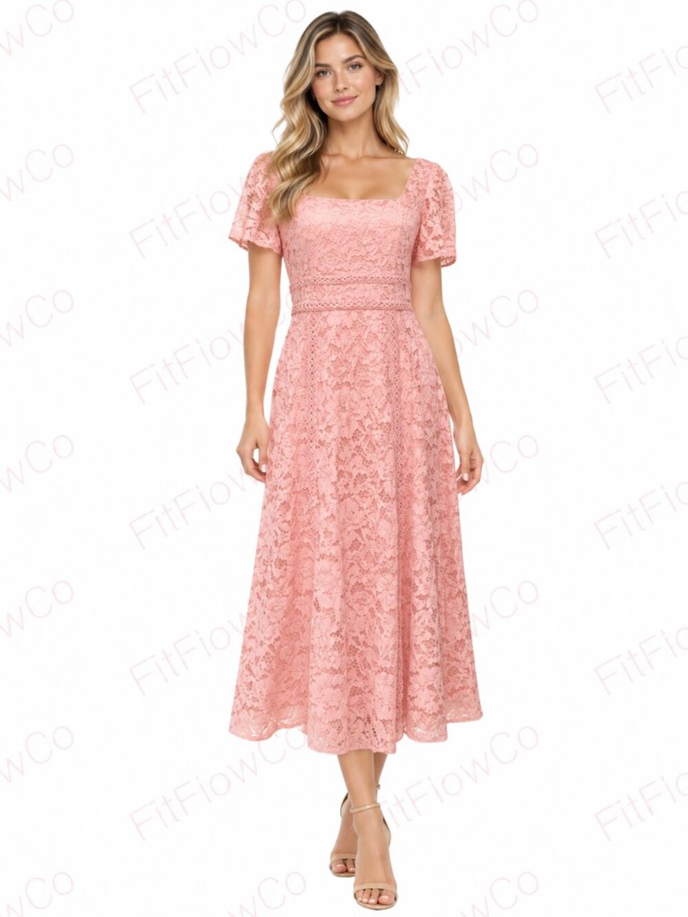 Anne Klein Blossom Lace Midi Dress Size 2 Square Neck Puff Sleeve NWT